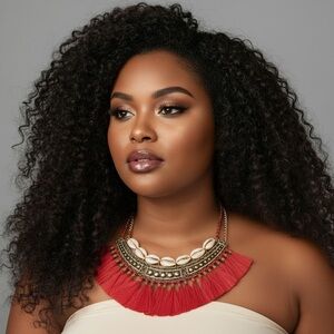 Express afrocentric cowrie shell red fringe statement bib necklace